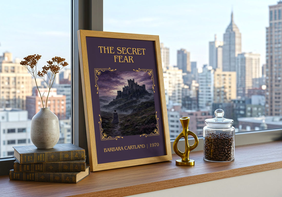 The Secret Fear Classic Book Art Print by Barbara Cartland – framed print on a city-view windowsill