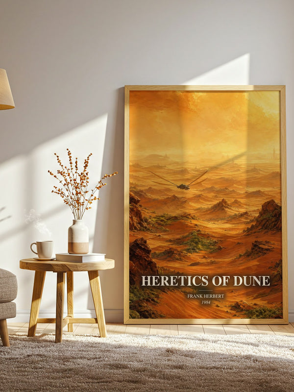 Heretics Of Dune watercolour print in frame leaning in hallway – sci fi wall art