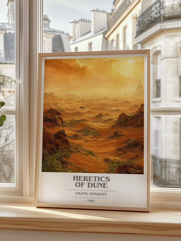 Heretics Of Dune Book Cover Poster by Frank Herbert – framed print by a bright window