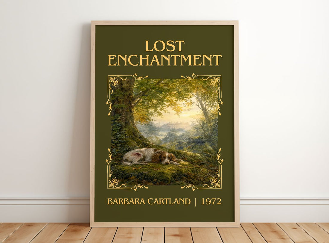 Lost Enchantment Classic Book Art Print by Barbara Cartland – framed print leaning on a wooden floor