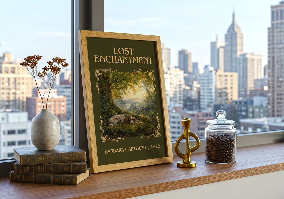 Lost Enchantment Classic Book Art Print by Barbara Cartland – framed print on a city-view windowsill