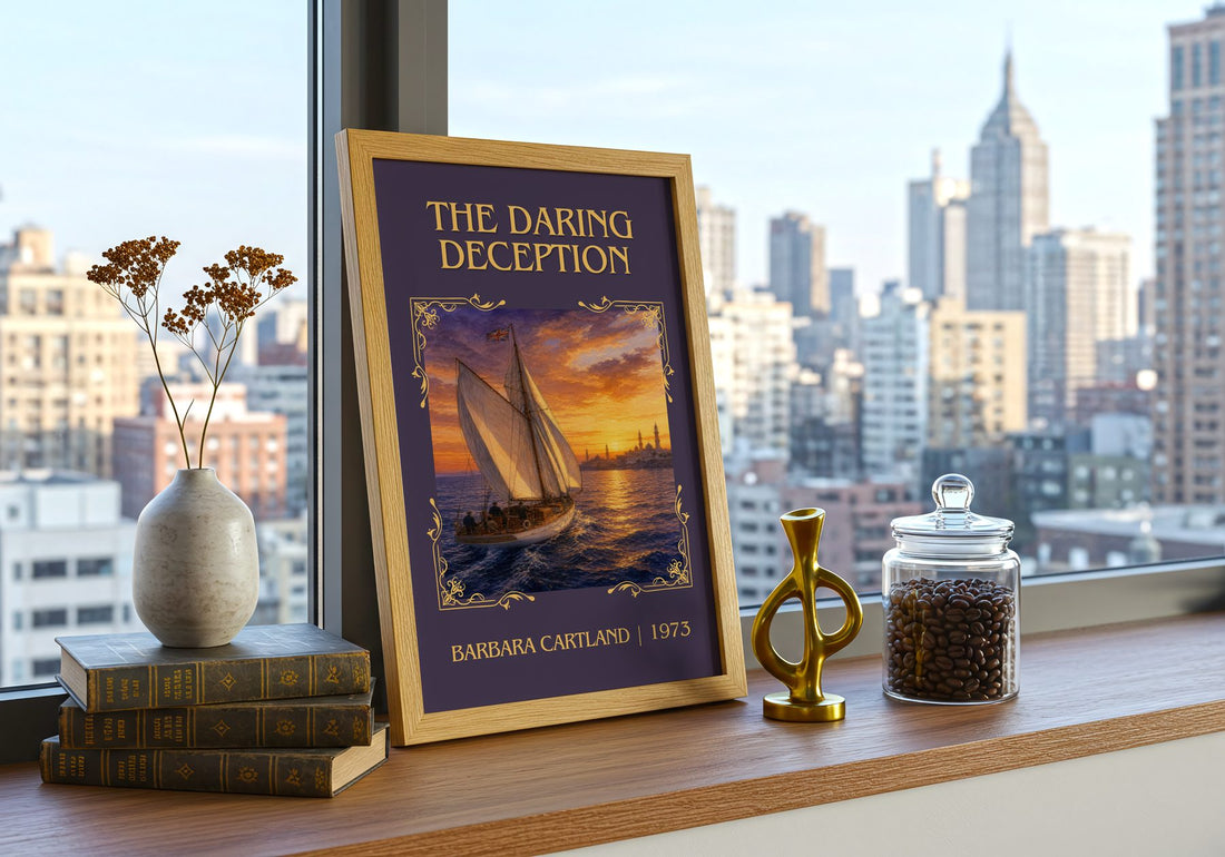 The Daring Deception Classic Book Art Print by Barbara Cartland – framed print on a city-view windowsill