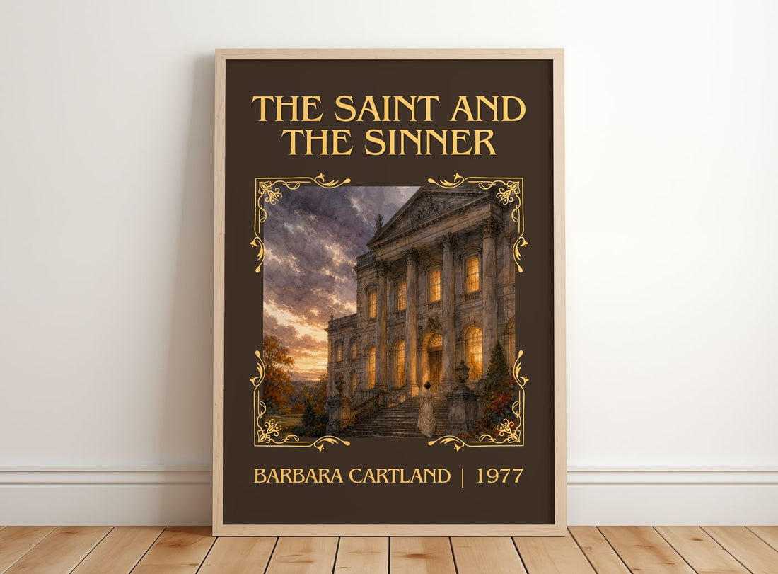 The Saint And The Sinner Classic Book Art Print by Barbara Cartland – framed print leaning on a wooden floor