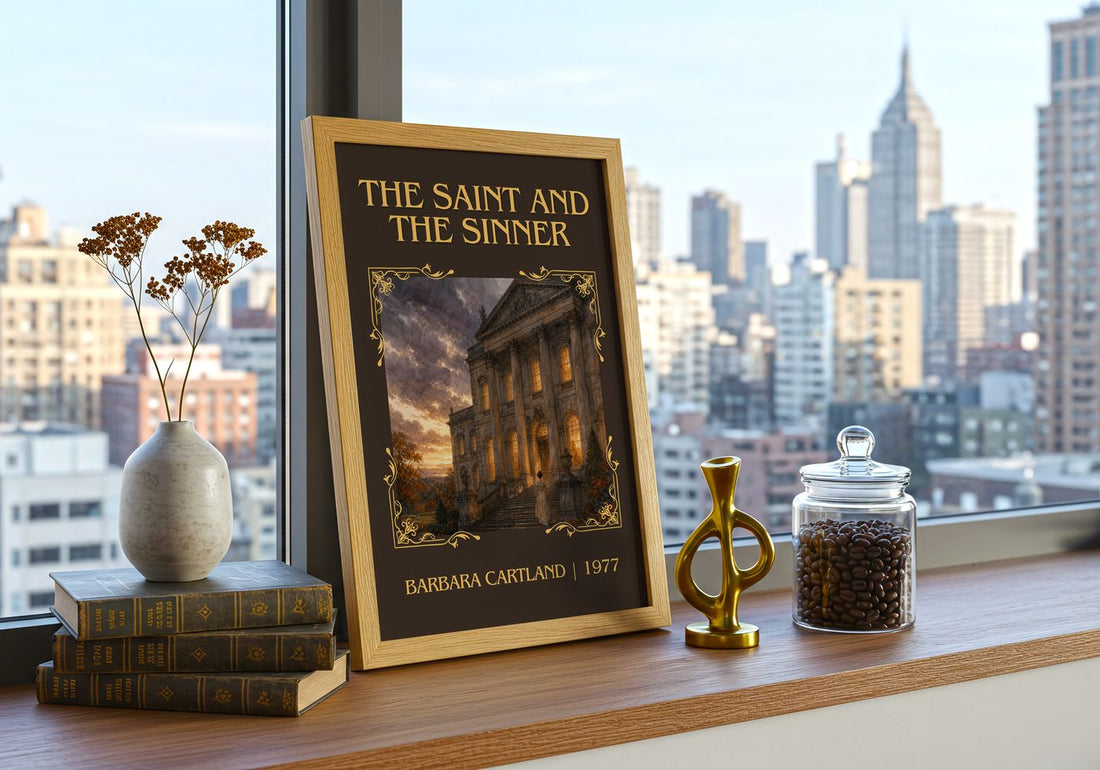 The Saint And The Sinner Classic Book Art Print by Barbara Cartland – framed print on a city-view windowsill