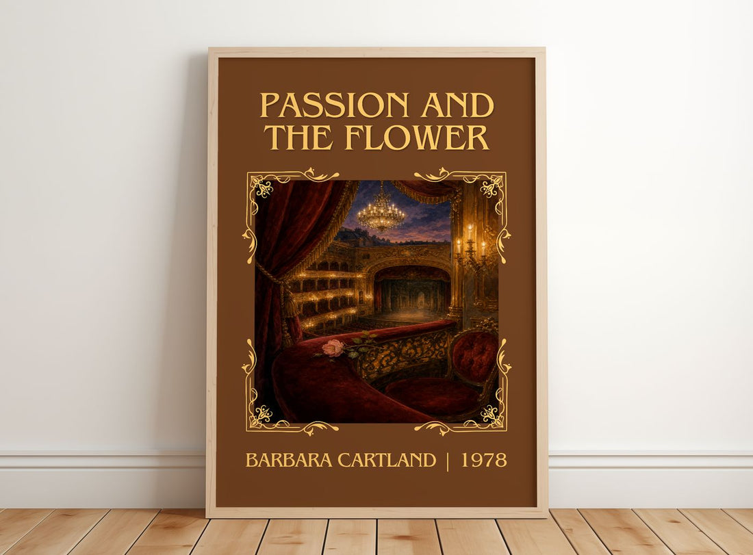 Passion And The Flower Classic Book Art Print by Barbara Cartland – framed print leaning on a wooden floor