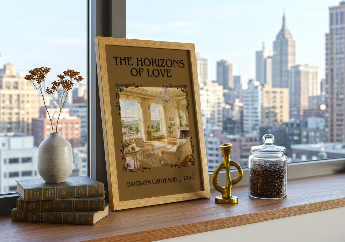 The Horizons Of Love Classic Book Art Print by Barbara Cartland – framed print on a city-view windowsill