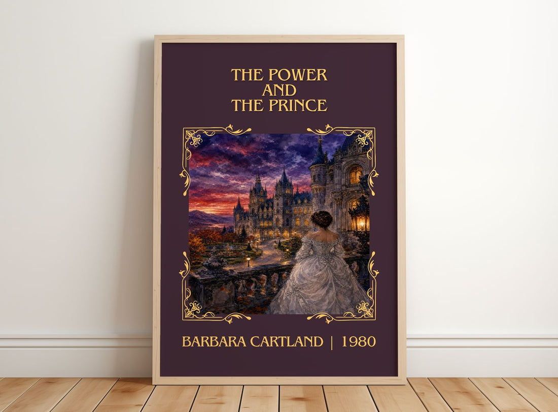 The Power And The Prince Classic Book Art Print by Barbara Cartland – framed print leaning on a wooden floor