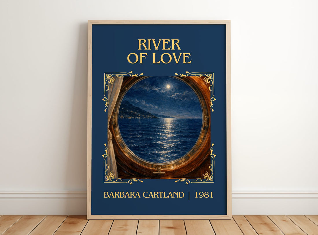 River Of Love Classic Book Art Print by Barbara Cartland – framed print leaning on a wooden floor