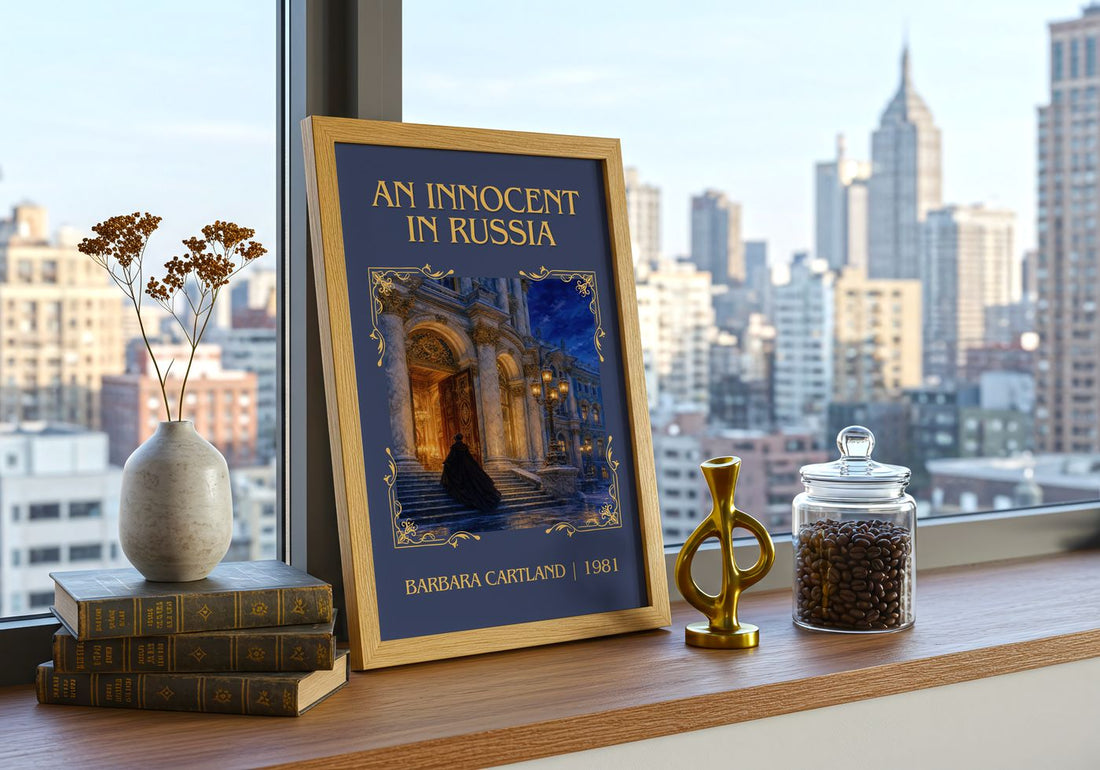 An Innocent In Russia Classic Book Art Print by Barbara Cartland – framed print on a city-view windowsill