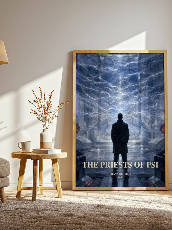 The Priests Of Psi watercolour print in frame leaning in hallway – sci fi wall art