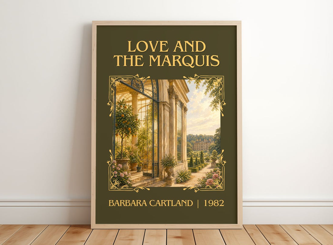 Love And The Marquis Classic Book Art Print by Barbara Cartland – framed print leaning on a wooden floor