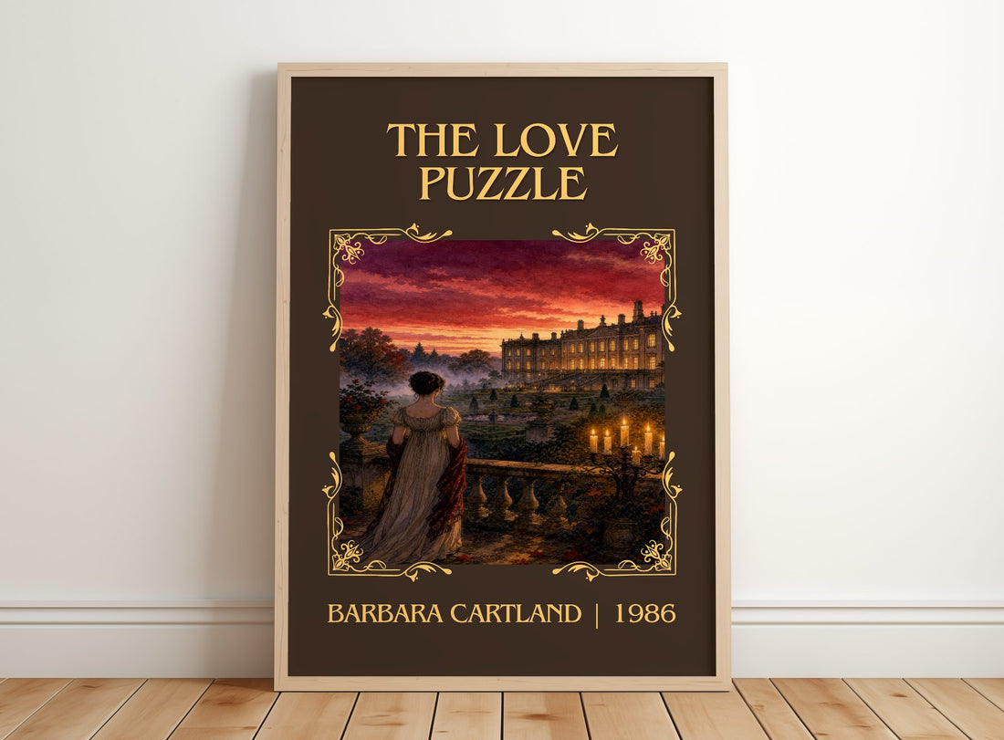 The Love Puzzle Classic Book Art Print by Barbara Cartland – framed print leaning on a wooden floor