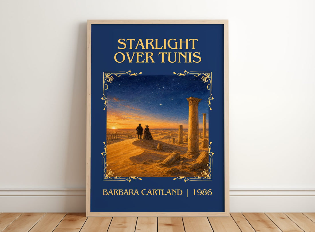 Starlight Over Tunis Classic Book Art Print by Barbara Cartland – framed print leaning on a wooden floor
