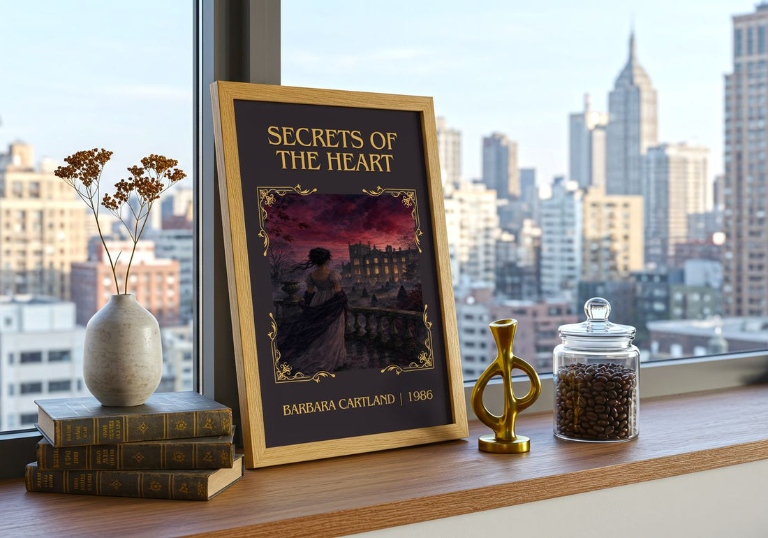 Secrets Of The Heart Classic Book Art Print by Barbara Cartland – framed print on a city-view windowsill