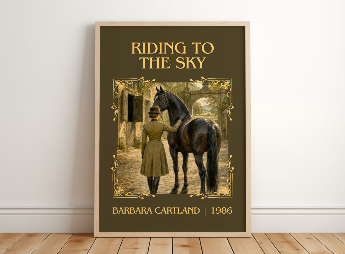 Riding To The Sky Classic Book Art Print by Barbara Cartland – framed print leaning on a wooden floor