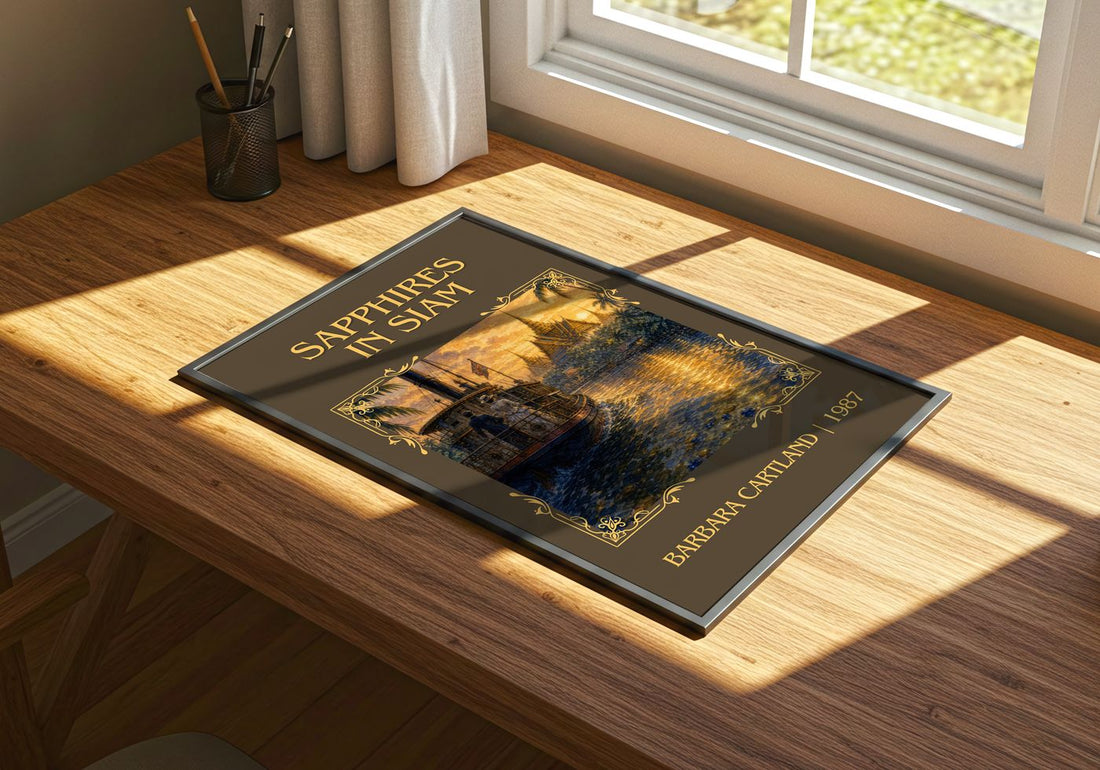 Sapphires In Siam Classic Book Art Print by Barbara Cartland – print on a sunlit desk