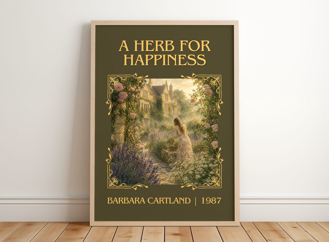 A Herb For Happiness Classic Book Art Print by Barbara Cartland – framed print leaning on a wooden floor