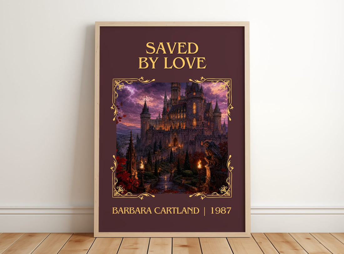Saved By Love Classic Book Art Print by Barbara Cartland – framed print leaning on a wooden floor