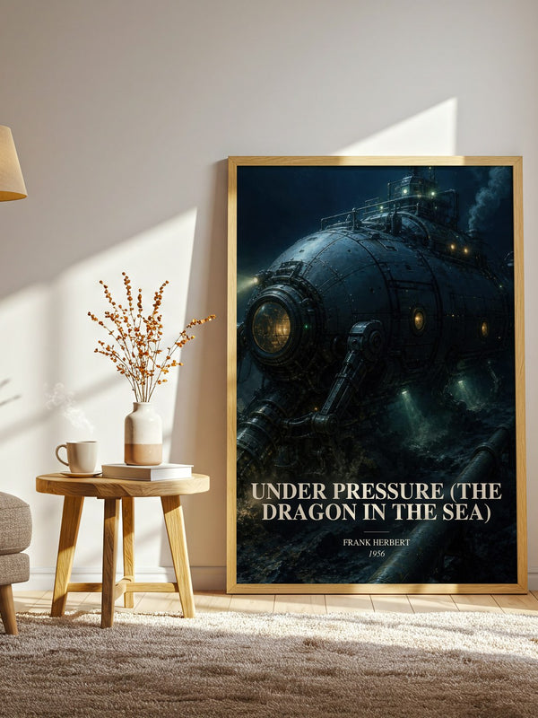 Under Pressure (The Dragon In The Sea) watercolour print in frame leaning in hallway – sci fi wall art