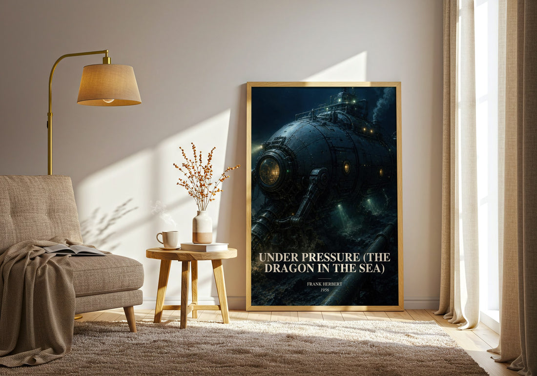 Under Pressure (The Dragon In The Sea) watercolour print in frame leaning in hallway – sci fi wall art (mockup)