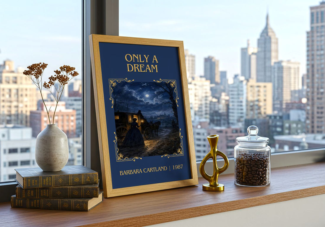 Only A Dream Classic Book Art Print by Barbara Cartland – framed print on a city-view windowsill