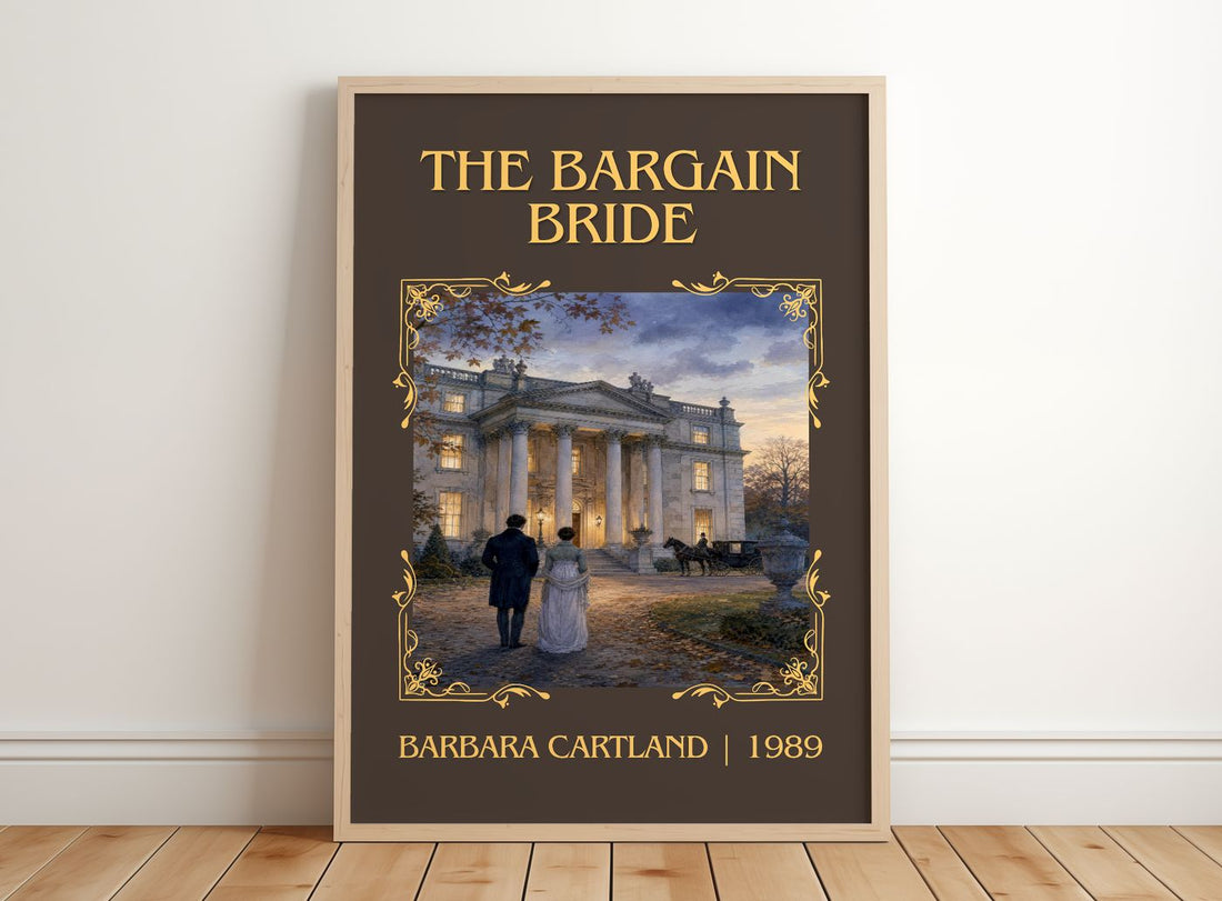 The Bargain Bride Classic Book Art Print by Barbara Cartland – framed print leaning on a wooden floor