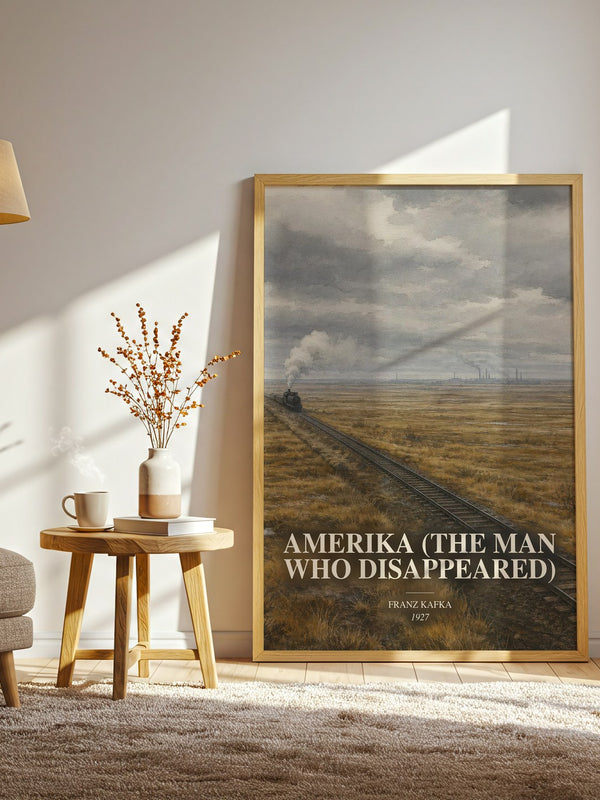 Amerika (The Man Who Disappeared) watercolour print in frame leaning in hallway – literary fiction wall art