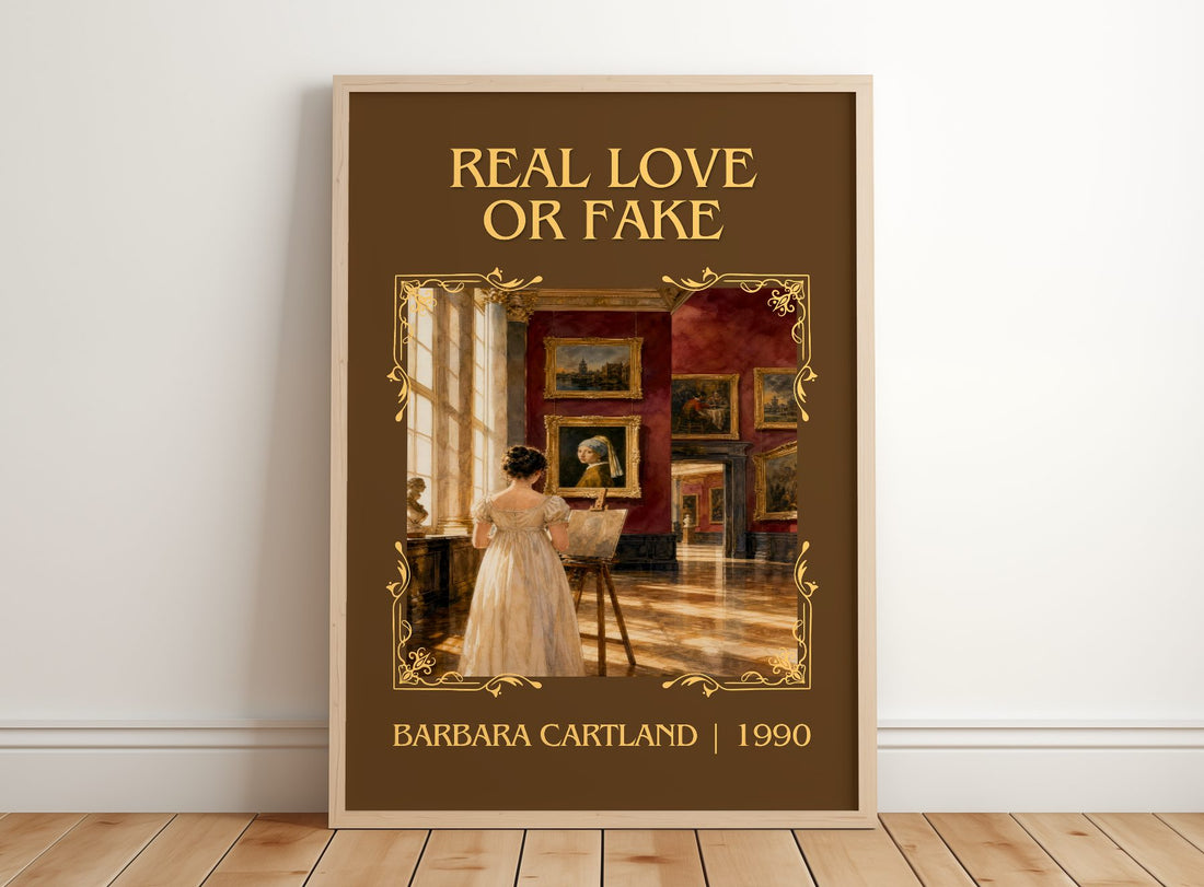 Real Love Or Fake Classic Book Art Print by Barbara Cartland – framed print leaning on a wooden floor