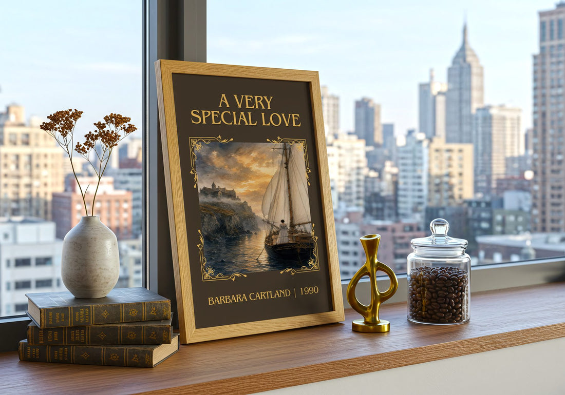 A Very Special Love Classic Book Art Print by Barbara Cartland – framed print on a city-view windowsill