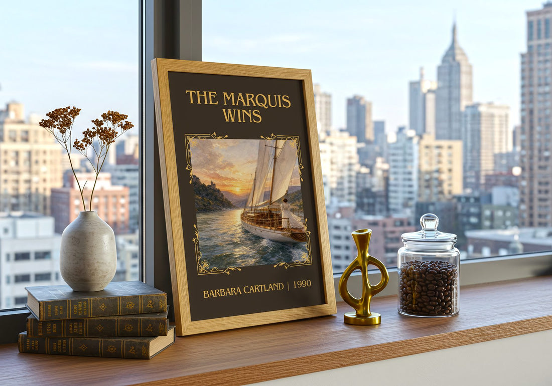 The Marquis Wins Classic Book Art Print by Barbara Cartland – framed print on a city-view windowsill