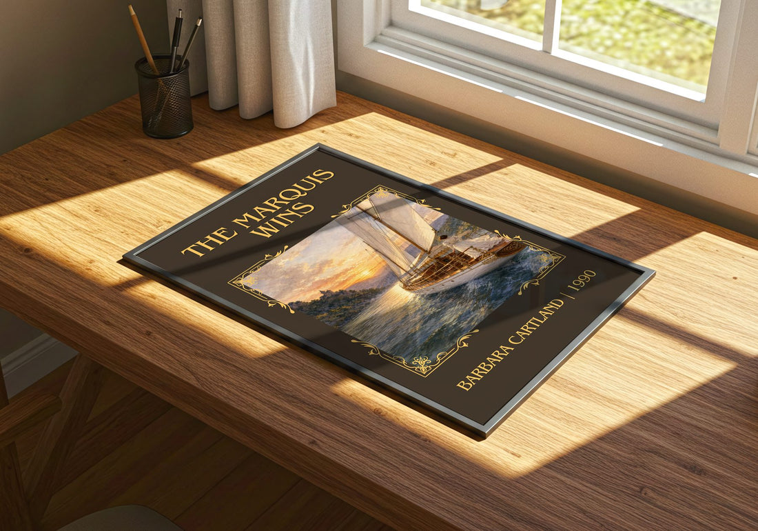 The Marquis Wins Classic Book Art Print by Barbara Cartland – print on a sunlit desk