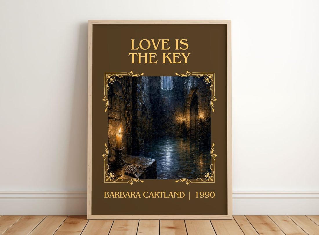 Love Is The Key Classic Book Art Print by Barbara Cartland – framed print leaning on a wooden floor