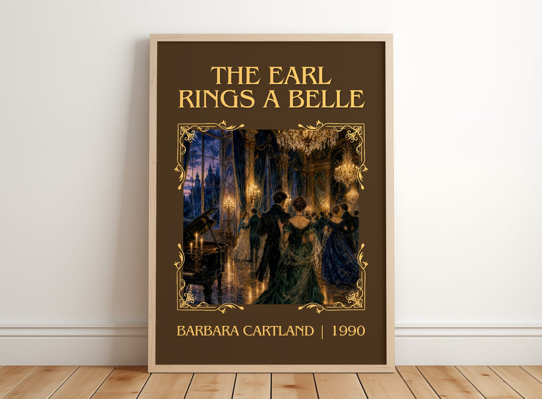 The Earl Rings A Belle Classic Book Art Print by Barbara Cartland – framed print leaning on a wooden floor