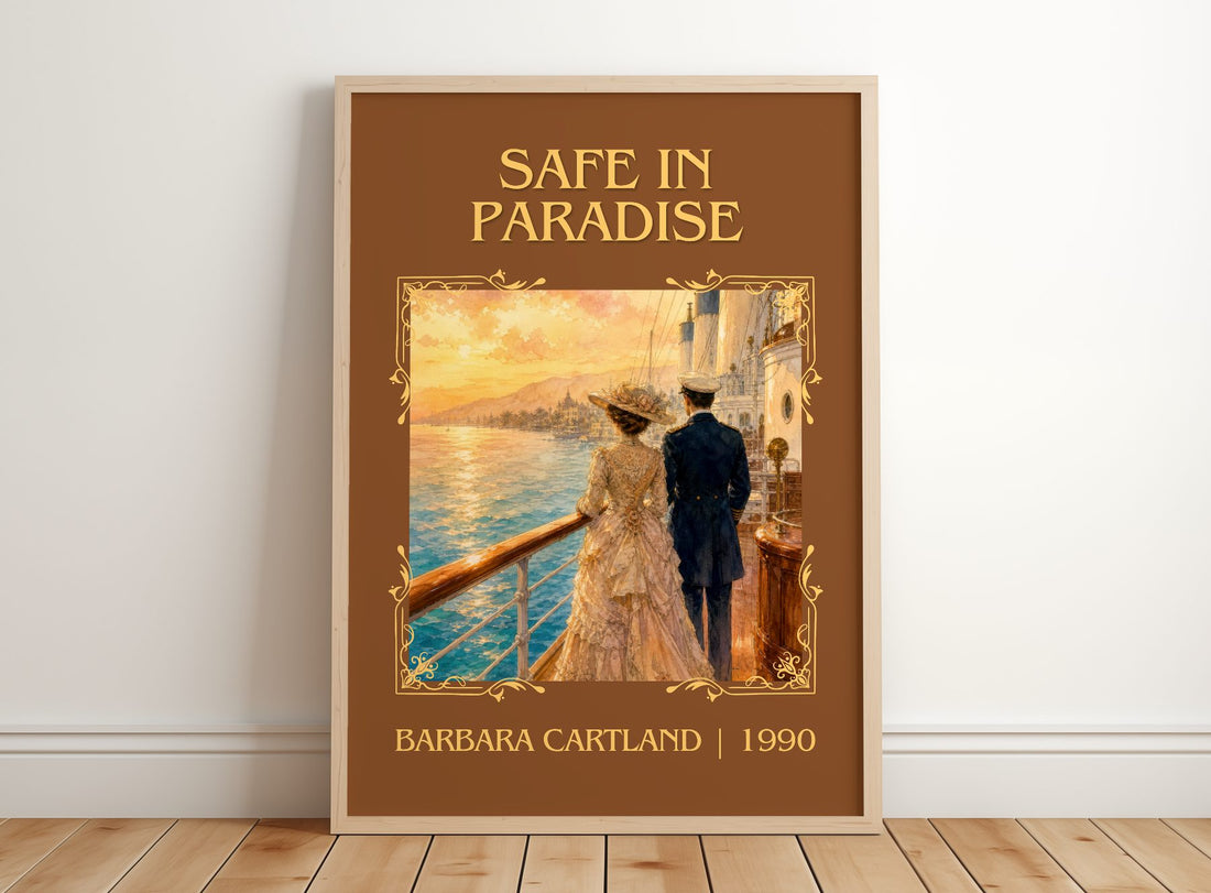 Safe In Paradise Classic Book Art Print by Barbara Cartland – framed print leaning on a wooden floor