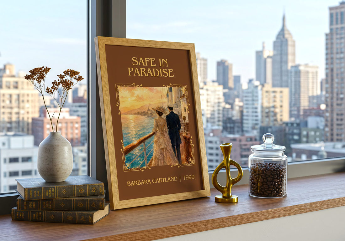 Safe In Paradise Classic Book Art Print by Barbara Cartland – framed print on a city-view windowsill
