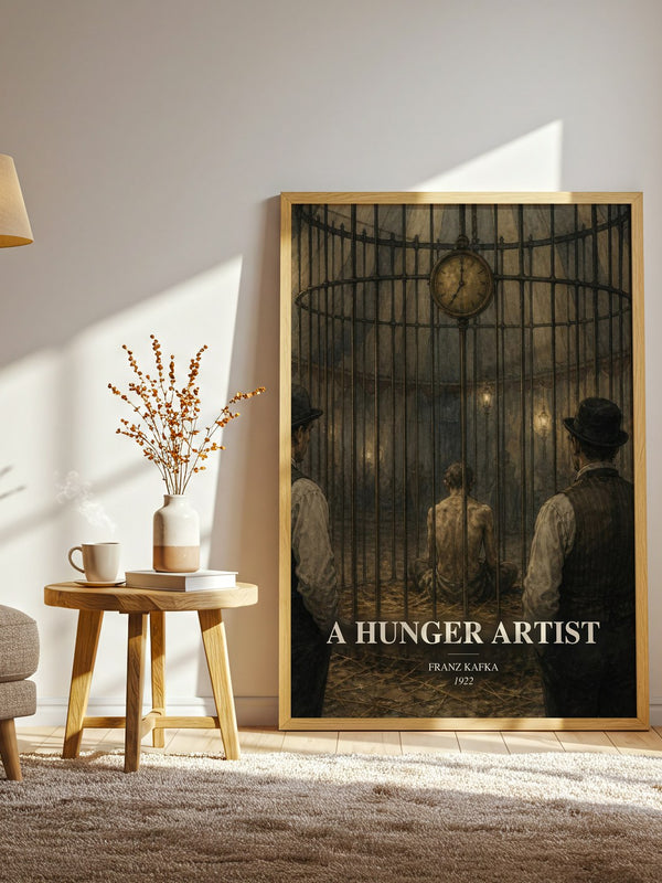 A Hunger Artist watercolour print in frame leaning in hallway – literary fiction wall art