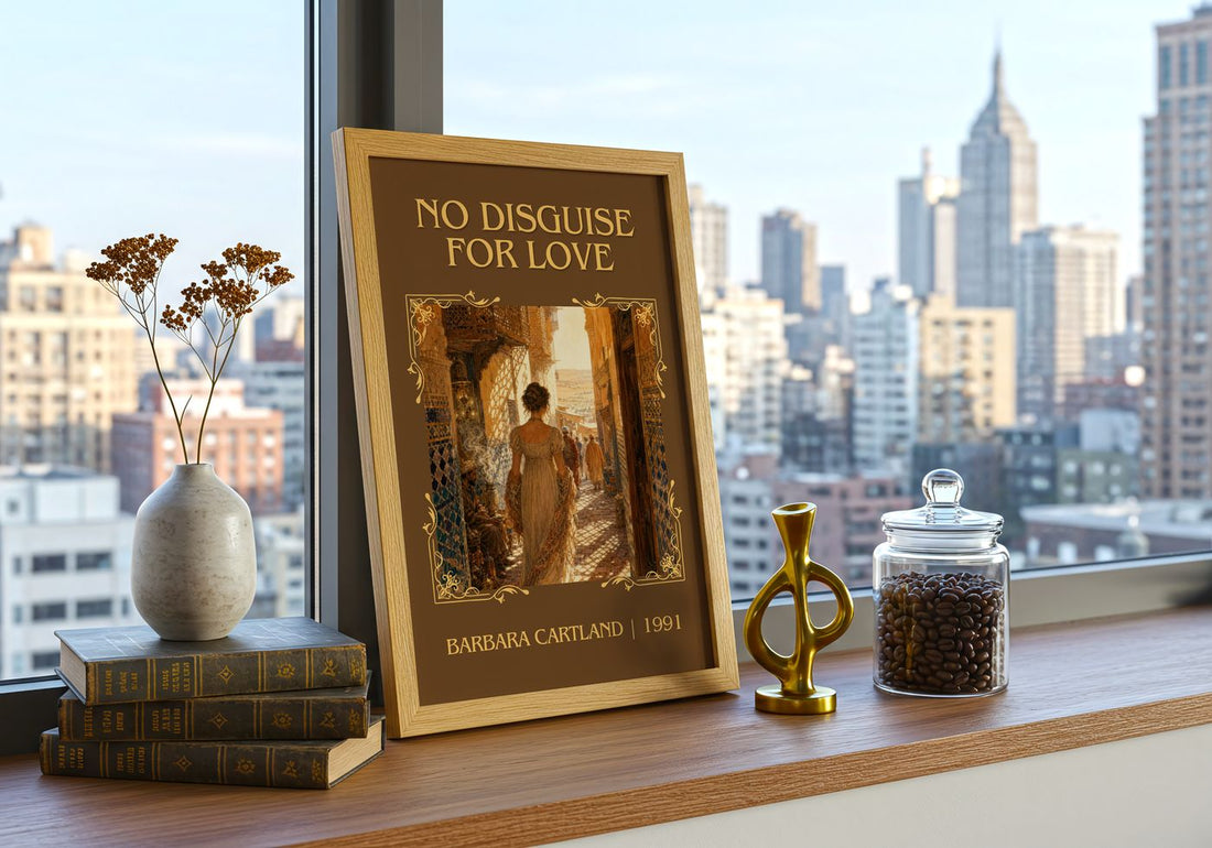 No Disguise For Love Classic Book Art Print by Barbara Cartland – framed print on a city-view windowsill