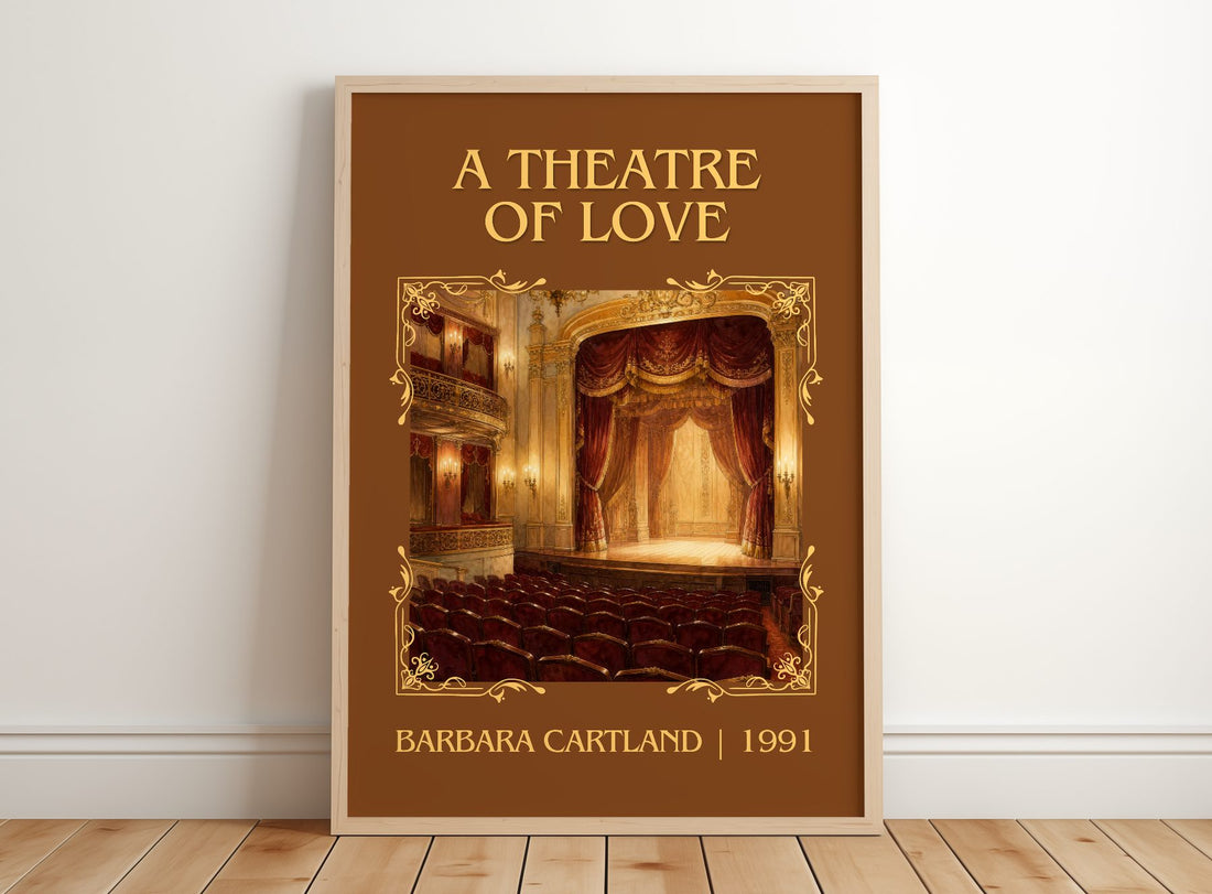 A Theatre Of Love Classic Book Art Print by Barbara Cartland – framed print leaning on a wooden floor