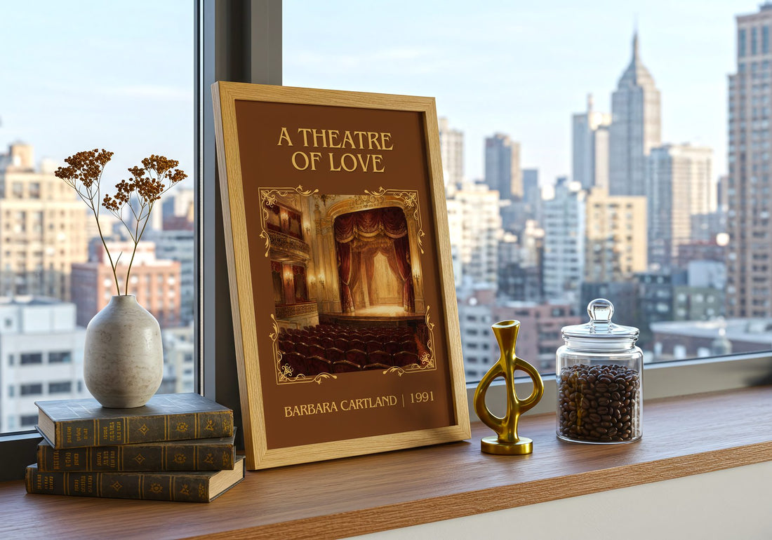A Theatre Of Love Classic Book Art Print by Barbara Cartland – framed print on a city-view windowsill