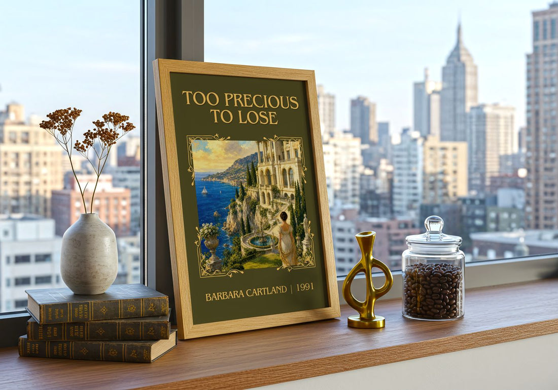 Too Precious To Lose Classic Book Art Print by Barbara Cartland – framed print on a city-view windowsill
