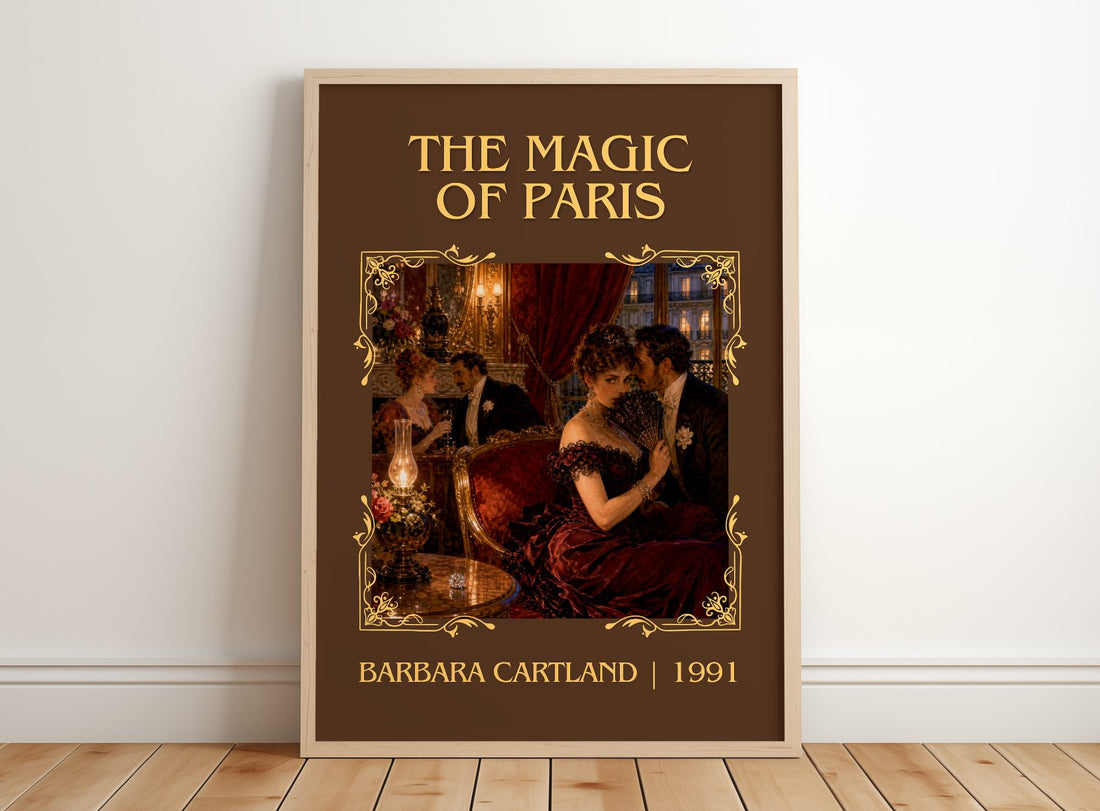 The Magic Of Paris Classic Book Art Print by Barbara Cartland – framed print leaning on a wooden floor
