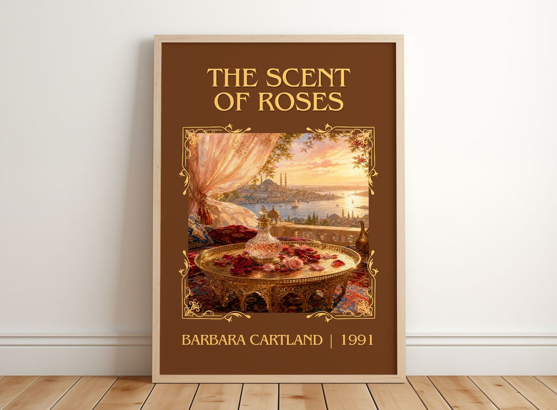 The Scent Of Roses Classic Book Art Print by Barbara Cartland – framed print leaning on a wooden floor