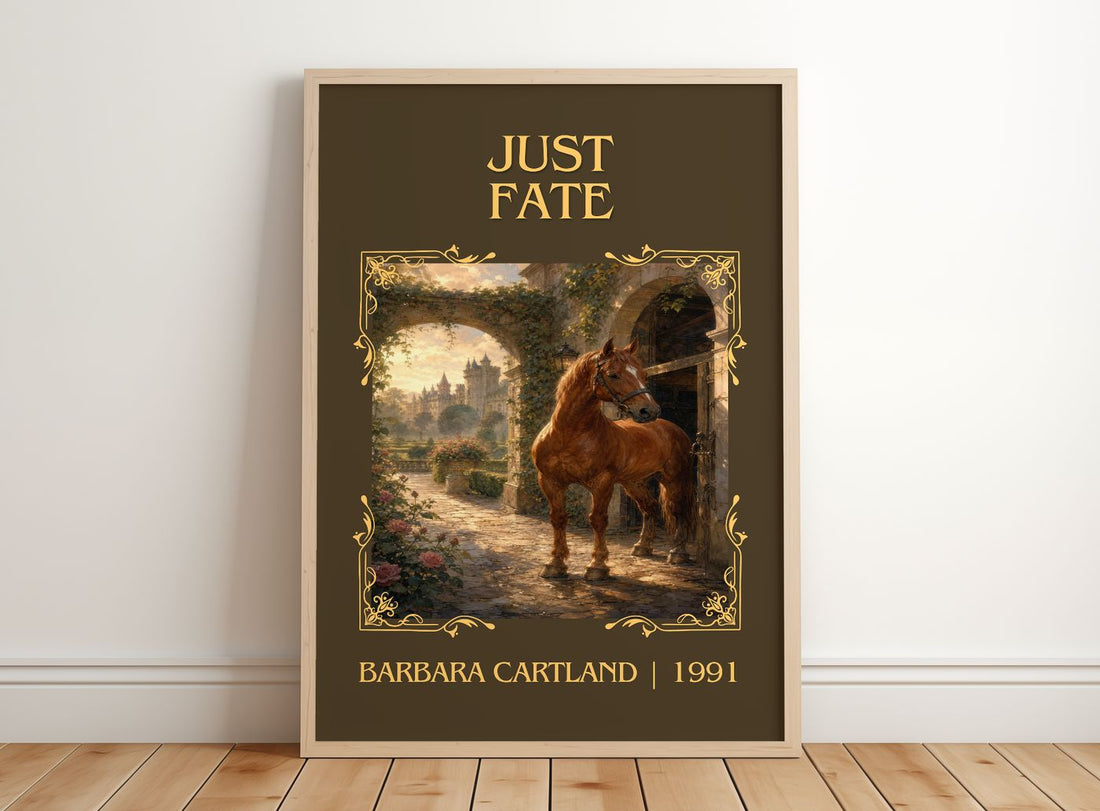 Just Fate Classic Book Art Print by Barbara Cartland – framed print leaning on a wooden floor