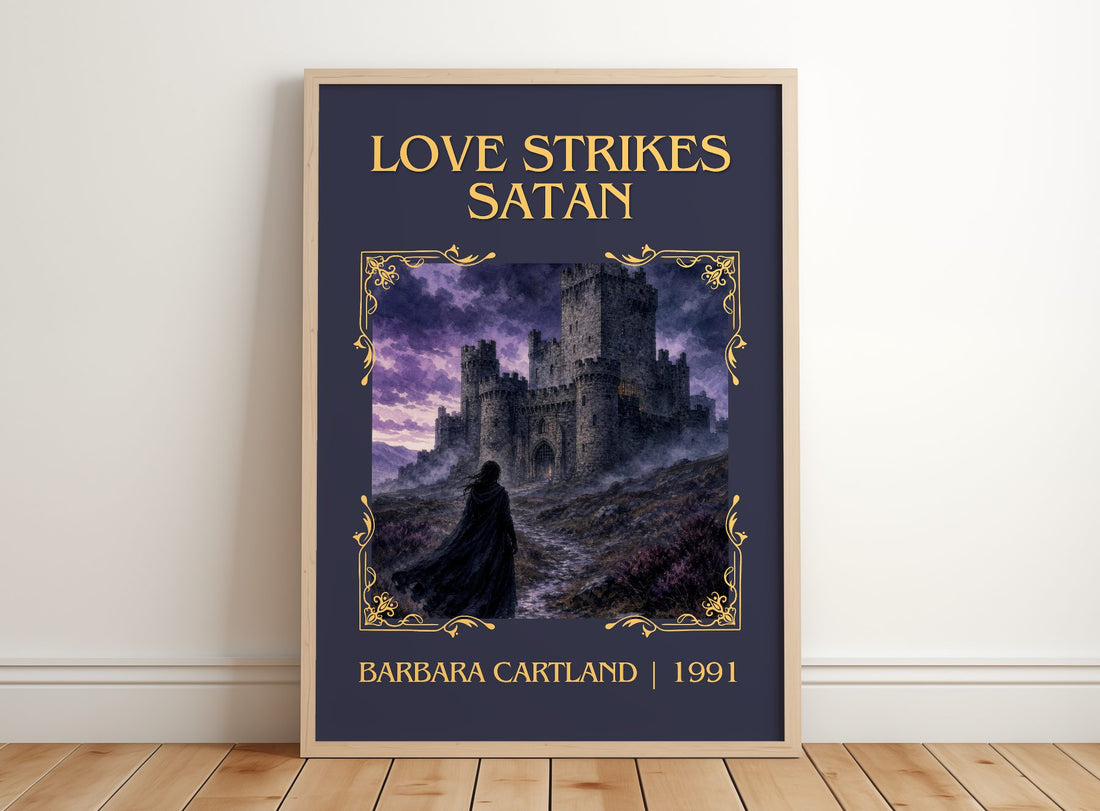 Love Strikes Satan Classic Book Art Print by Barbara Cartland – framed print leaning on a wooden floor