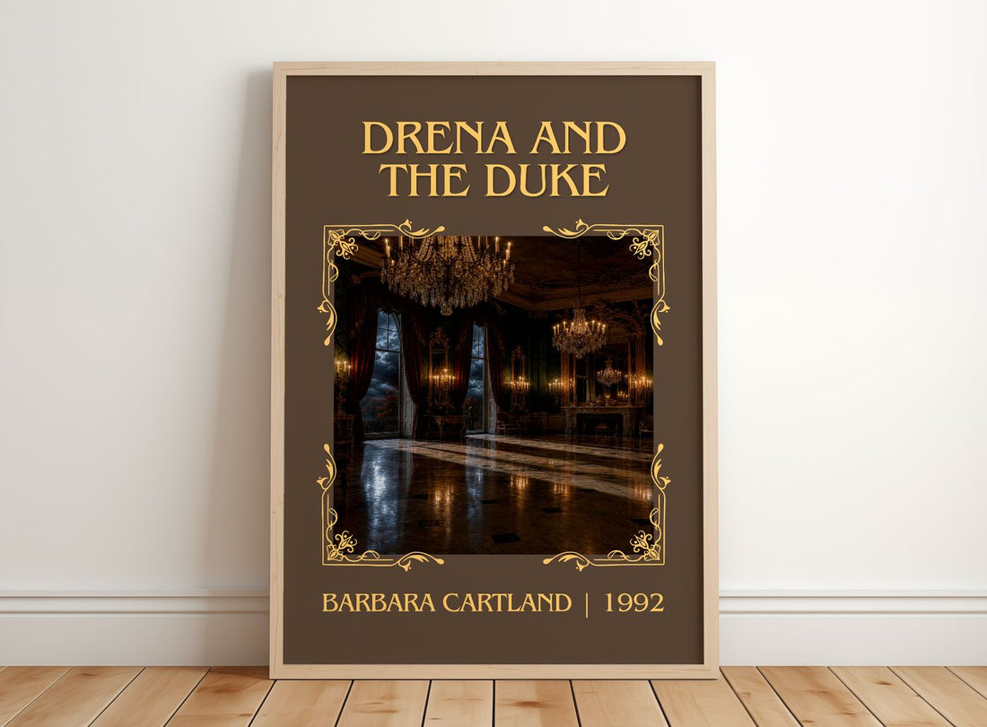 Drena And The Duke Classic Book Art Print by Barbara Cartland – framed print leaning on a wooden floor
