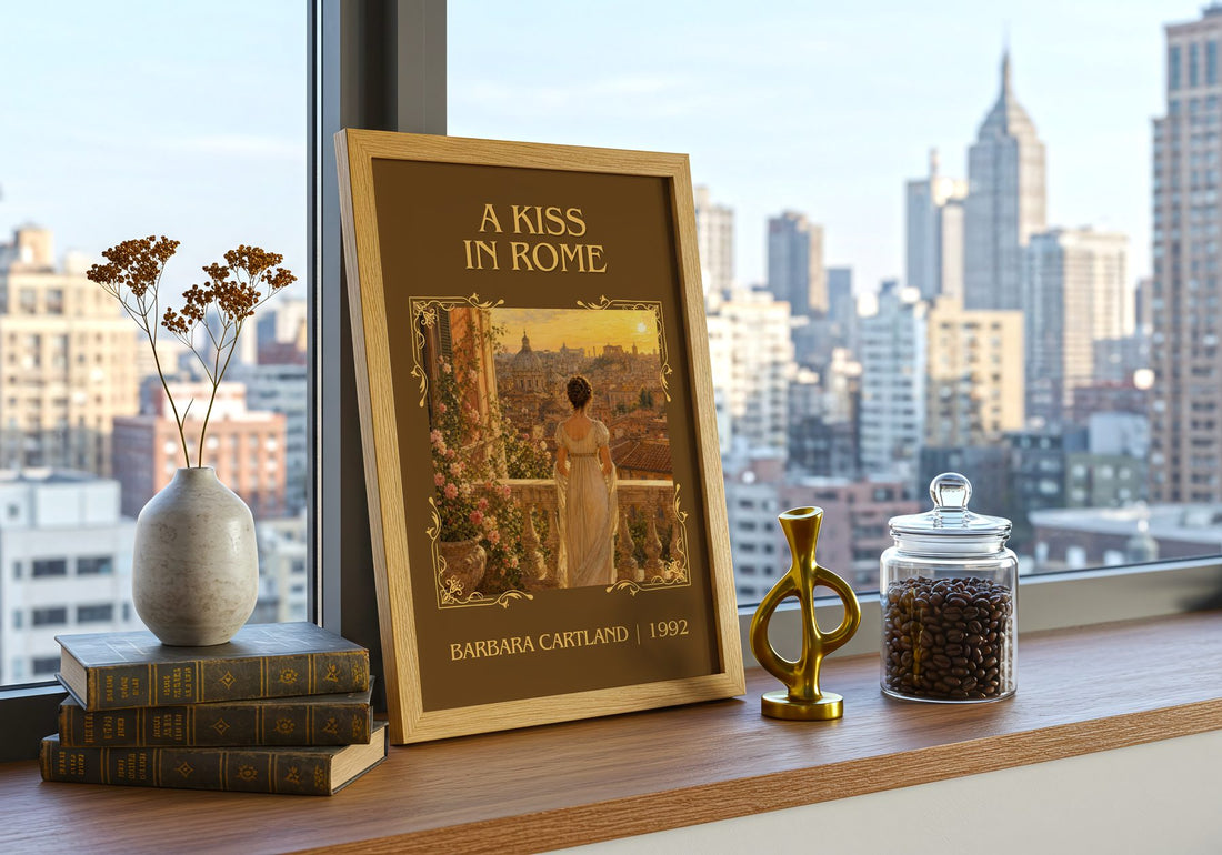 A Kiss In Rome Classic Book Art Print by Barbara Cartland – framed print on a city-view windowsill