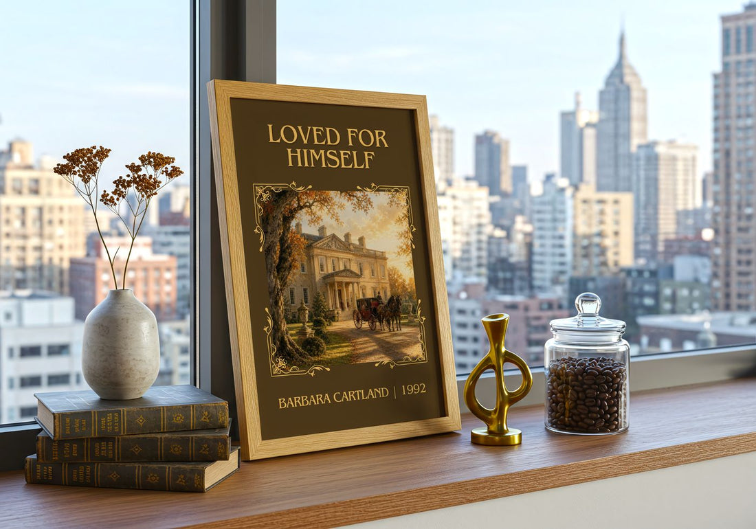 Loved For Himself Classic Book Art Print by Barbara Cartland – framed print on a city-view windowsill