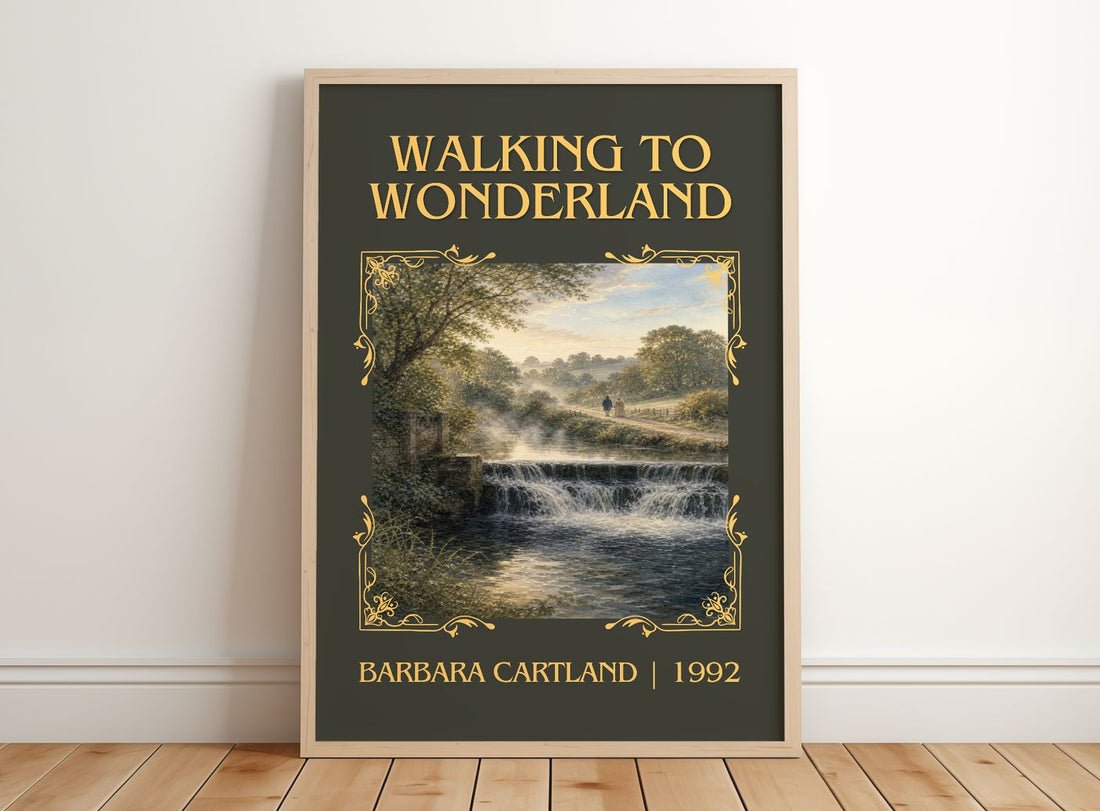 Walking To Wonderland Classic Book Art Print by Barbara Cartland – framed print leaning on a wooden floor