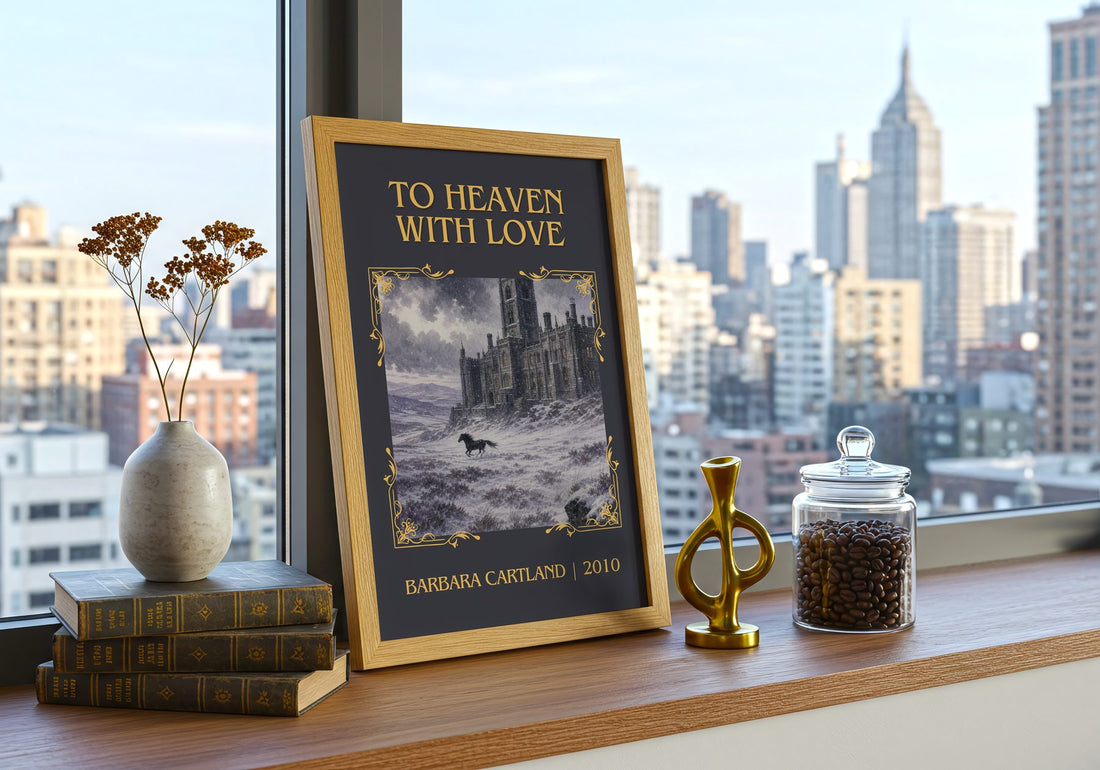 To Heaven With Love Classic Book Art Print by Barbara Cartland – framed print on a city-view windowsill