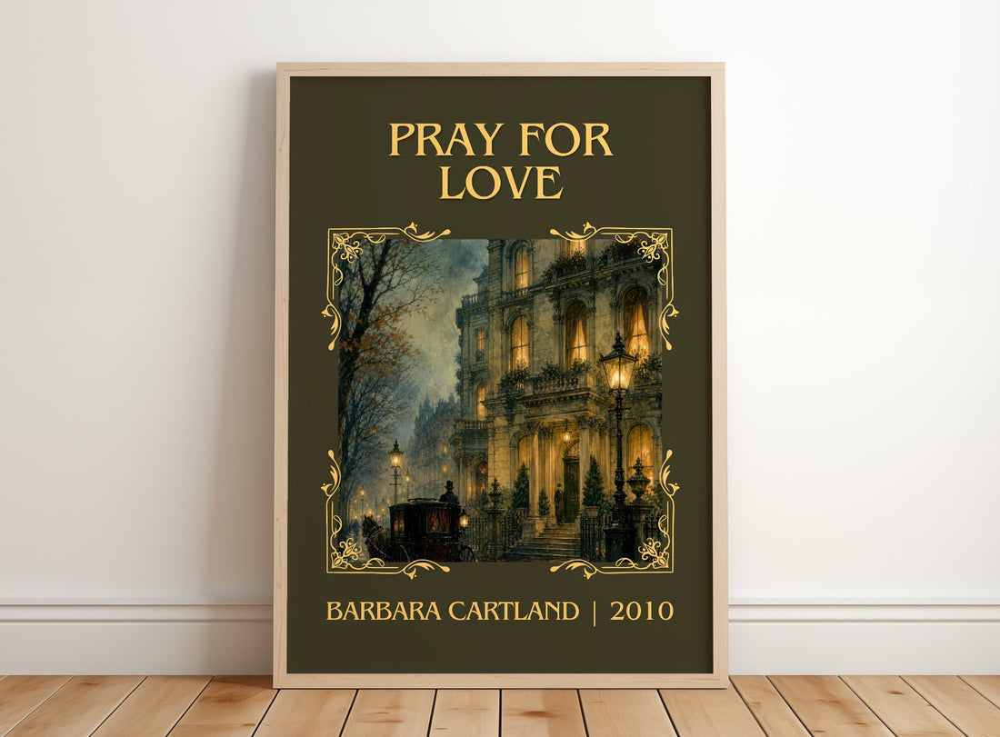 Pray For Love Classic Book Art Print by Barbara Cartland – framed print leaning on a wooden floor